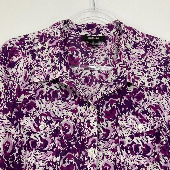 Style & Co. size 18 Purple White Abstract Print Cotton Long Sleeve Button Down - Picture 3 of 8